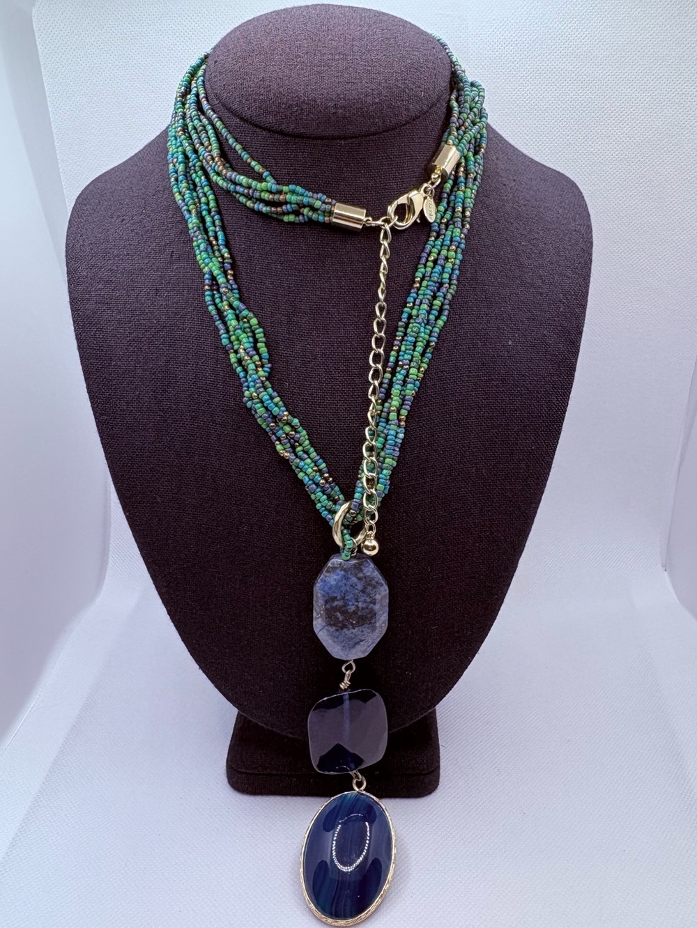 Chicos Blue Green Long Pendant Necklace Lapis Lazuli Goldtone Multistrand 26-30”